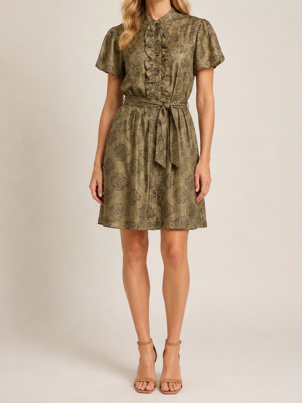 For Love & Liberty Johnny Was Silk Dress XS Boho Ruffle Button Front Belted
